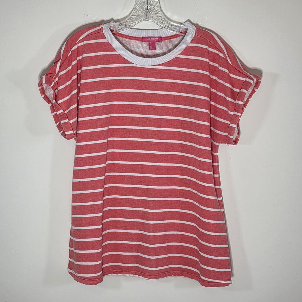 Isaac Mizrahi Womens Peach White Striped Short Sleeve Top Crew Neck Tee Medium